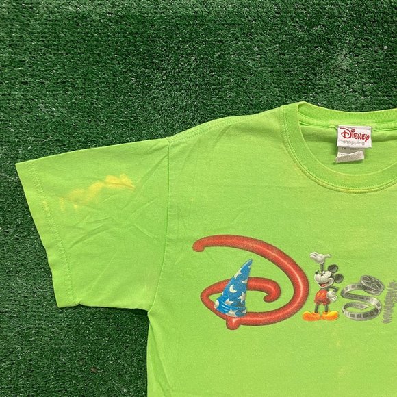 Vintage Y2K Disney Logo Shirt Lime Green Mickey Mouse Tee - Picture 2 of 6
